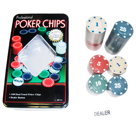 Набор для игры в покер POCER CHIPS 100 фишек с номиналом, 1 фишка дилер